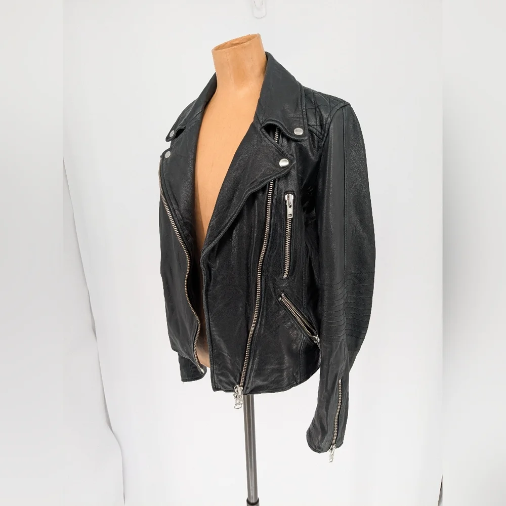Black Genuine Lambskin Leather Moto Jacket Womens XS Double Zip Slim Biker Chic - Picture 5 of 15